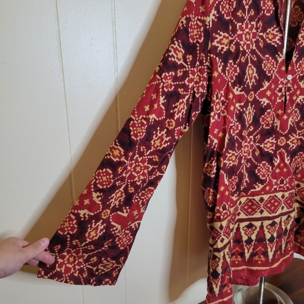 Vintage Lauren Ralph Lauren Cotton Red Gold Medallion Ikat Tunic Blouse - Picture 3 of 9